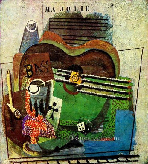Glass pipe ace of clover bottle of Bass guitar by Ma Jolie 1914 Pablo Picasso Oil Paintings